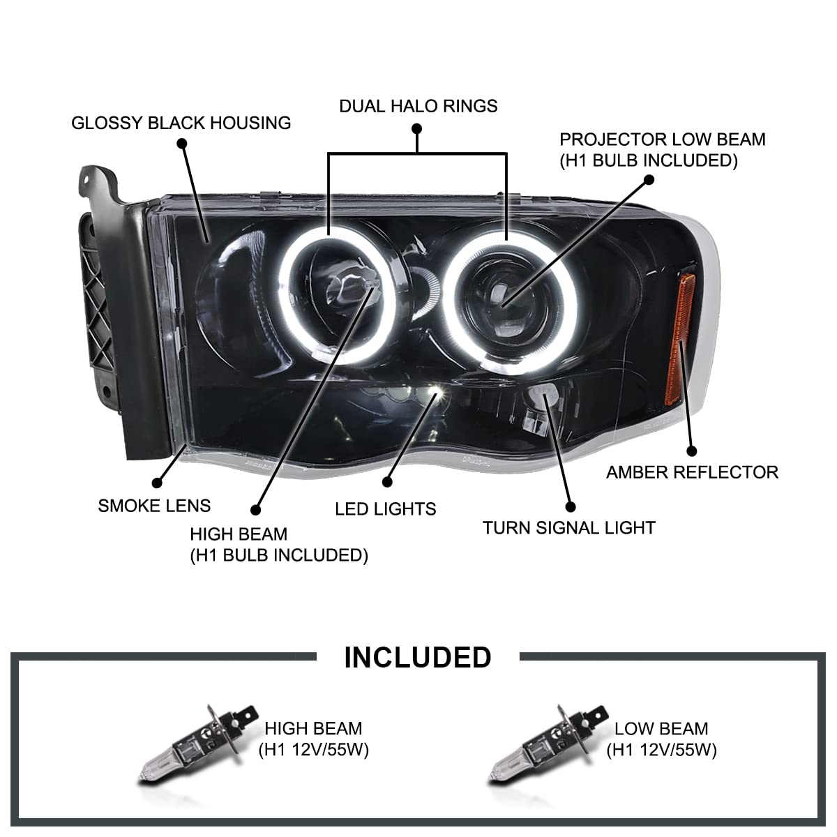 Spec-D Tuning Dual Halo Led Projector Glossy Black Housing Smoke Lens Compatible With 2002-2005 Dodge Ram 1500, 2003-2005 Dodge
