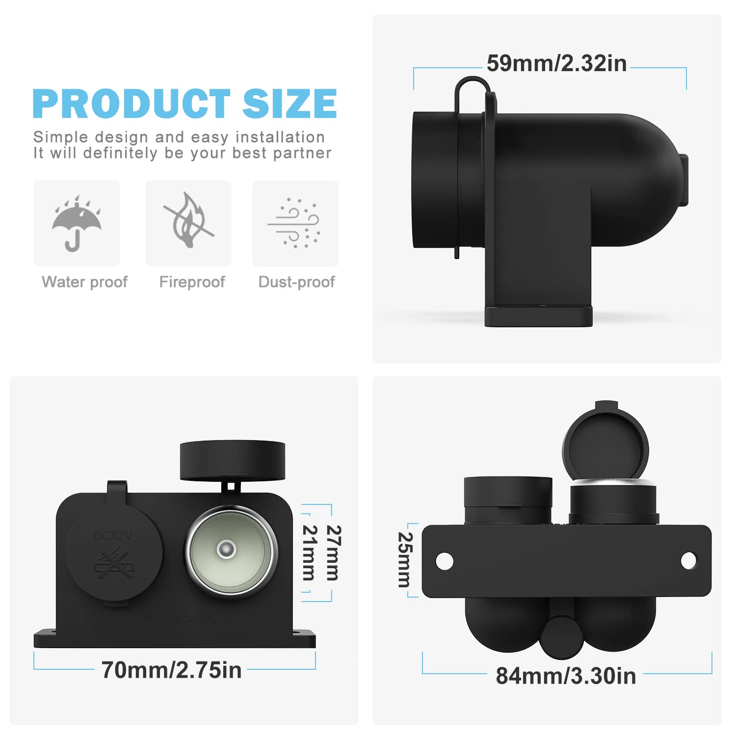 Cigarette Lighter Socket, Waterproof&Dustproof Cigarette Lighter Splitter for car truck motorbike boat, with 15A Blade Fuses (CL