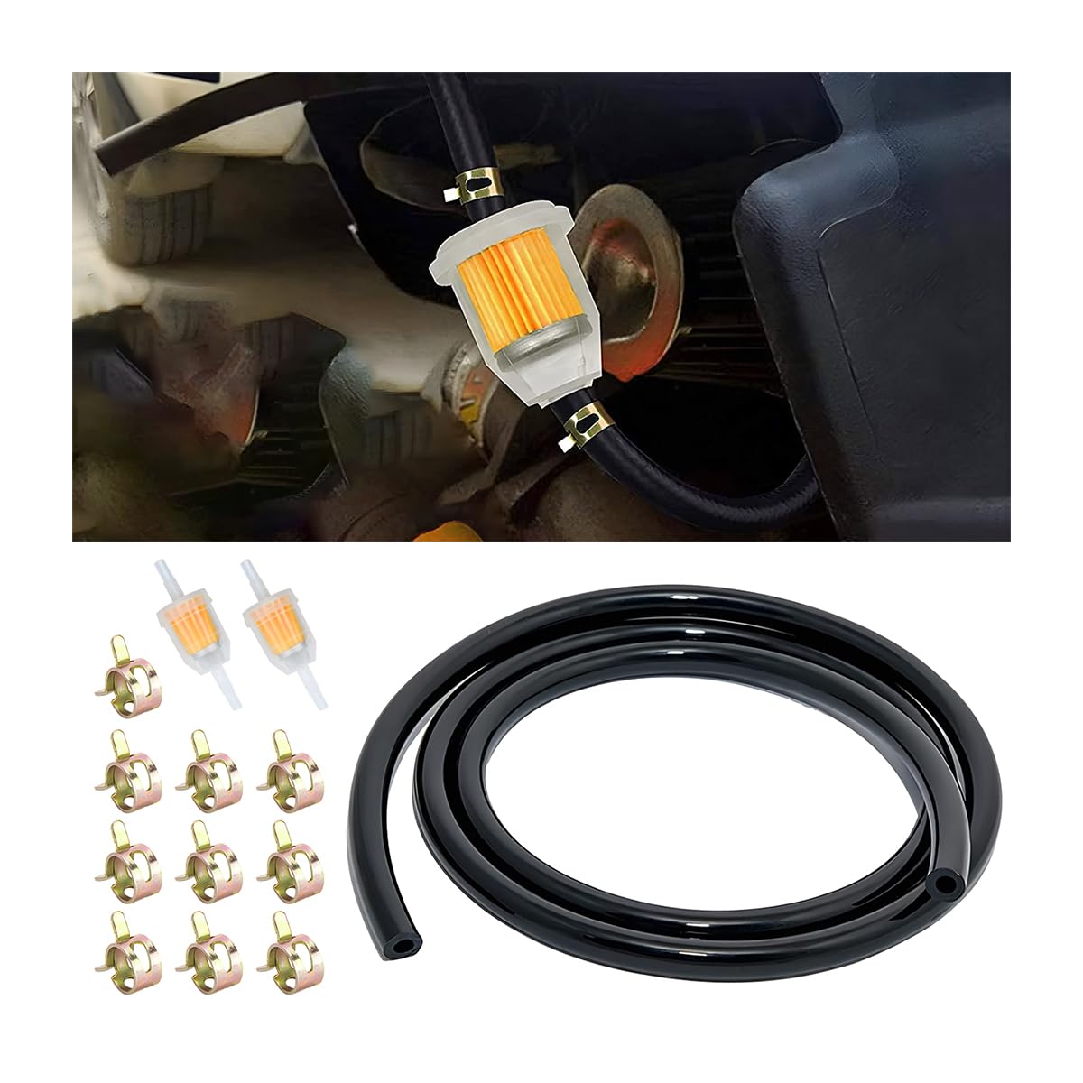 Besulen 1/4 Inch Id Fuel Line Hose Kits, 6-Foot Fuel Line + 2 Pcs 1/4 Inch X 5/16 Inch Gas Inline Fuel Filters + 10 Pcs Hose Cla