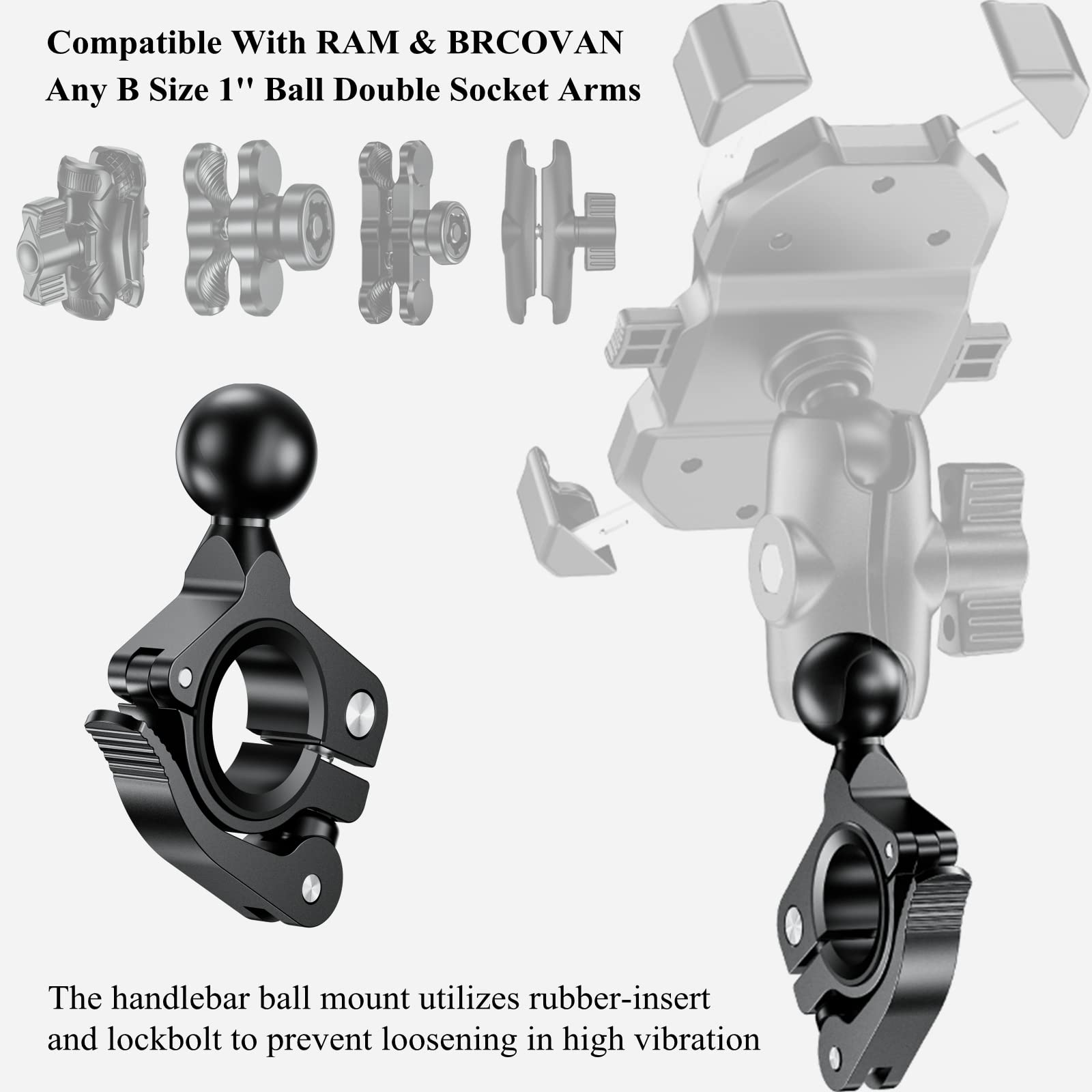 BRCOVAN Aluminum Alloy Handlebar Clamp Mount Base with 1'' TPU Ball for Rail Diameter 0.5'' 0.87'' 1'' 1.26'', Compatible with R