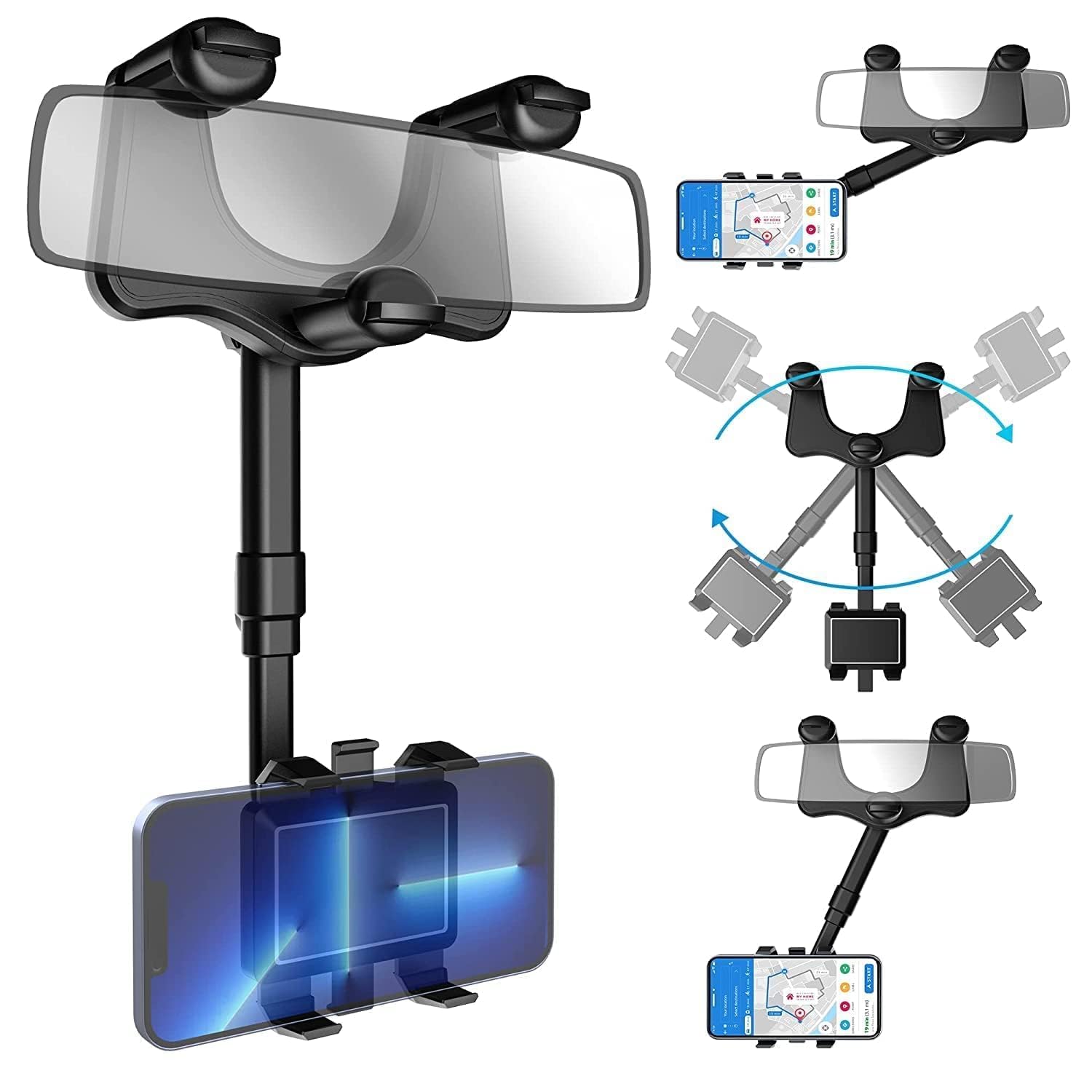 FROCEL Car Phone Mount, Universal Rear View Mirror Phone Holder, 360 Rotatable & Retractable, Compatible with All Smartphones, B