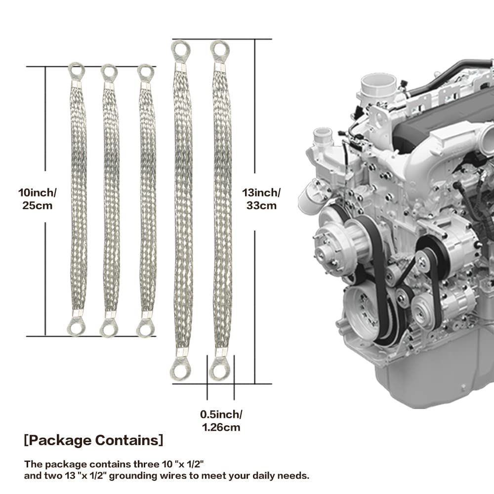 Universal Flat Braided Copper Ground Strap,Professional Vehicle Grounding Cable Straps with Terminals Plugs,Tinplate Silver Colo