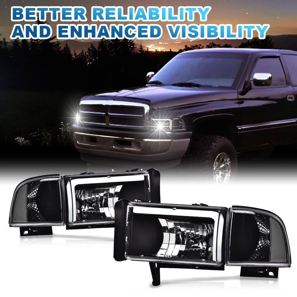 Pit66 Led Headlights,Compatible With 1994-2002 Dodge Ram 1500 2500 3500 Headlamps Assembly Clear Lens Black Housing Clear Reflec