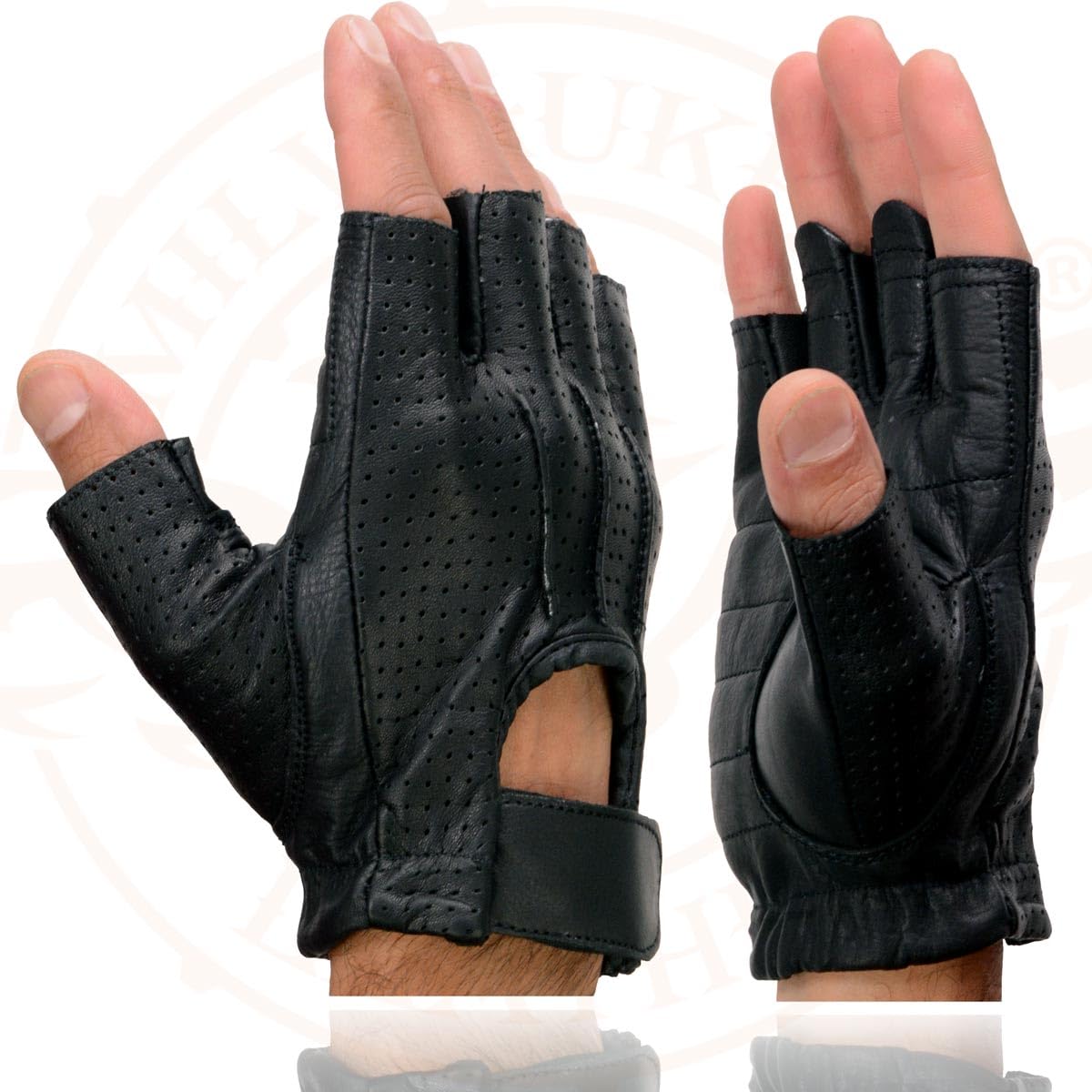 Milwaukee Leather SH357 Men's Black Leather Gel Padded Palm Fingerless Motorcycle Hand Gloves W/ Welted Perforated Leather - XXX