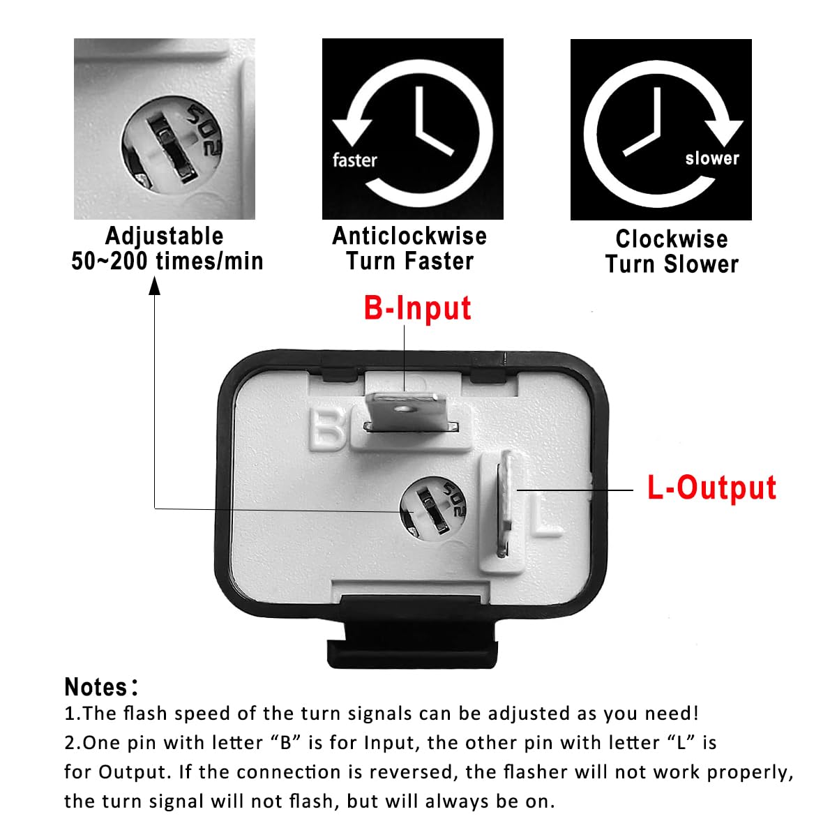 TECTEK Adjustable 2 prong Electronic LED Flasher Relay with Wires for bikes motorcycles scooters turn signals Hyper Flash 2 Pin