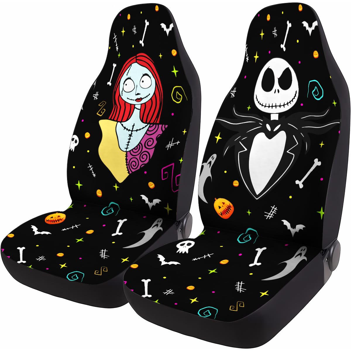 GENANY Horror Nightmare Skellington Couple 2 Front Car Seat Covers for Car Truck Sedan SUV, Christmas Car Gifts, Durable Automot