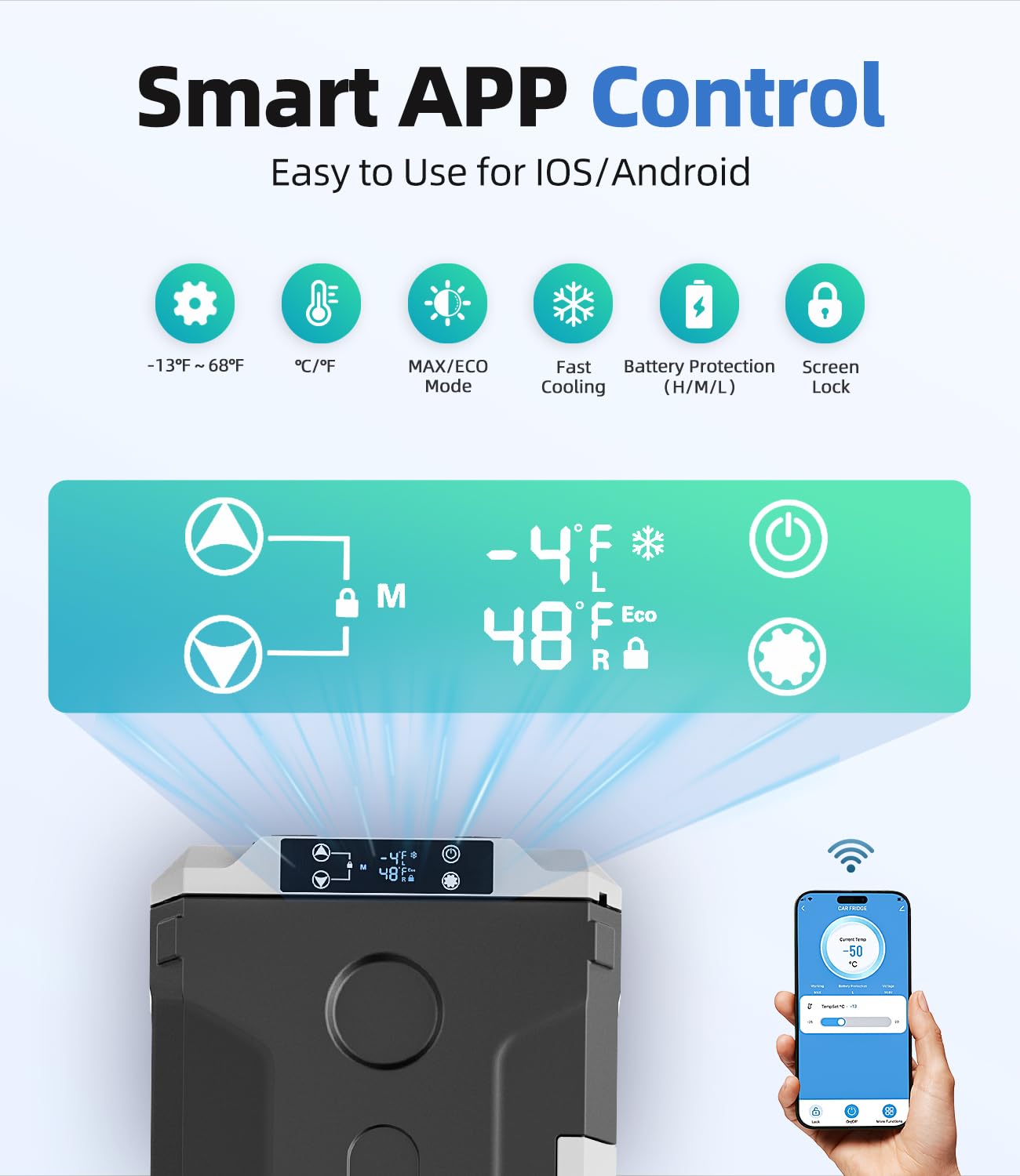 12 Volt Refrigerator, 53QT(50L) Compressor Electric Cooler with Wheels, Car Fridge with APP Control, Portable Freezer -13?~68?,