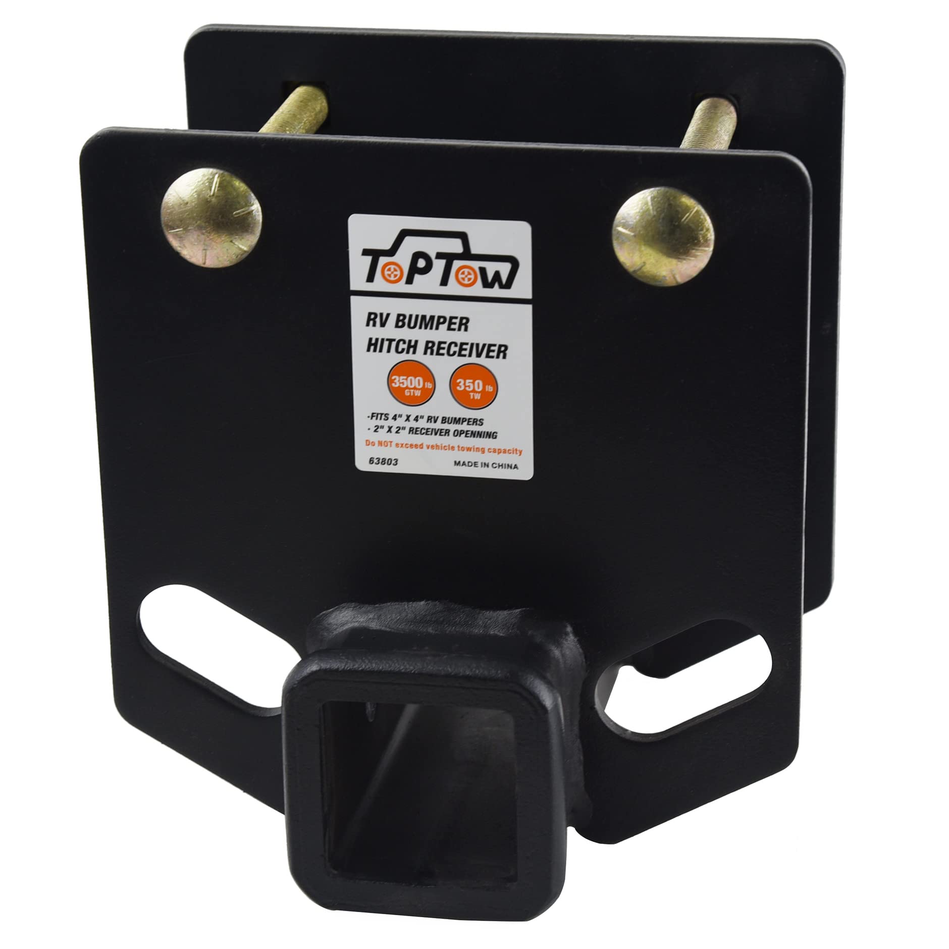TOPTOW RV Bumper Hitch Receiver 2" Adapter, 3500 LBS Capacity, Fits 4" Square Bumpers, Alloy Steel, Black, Model TTRV801