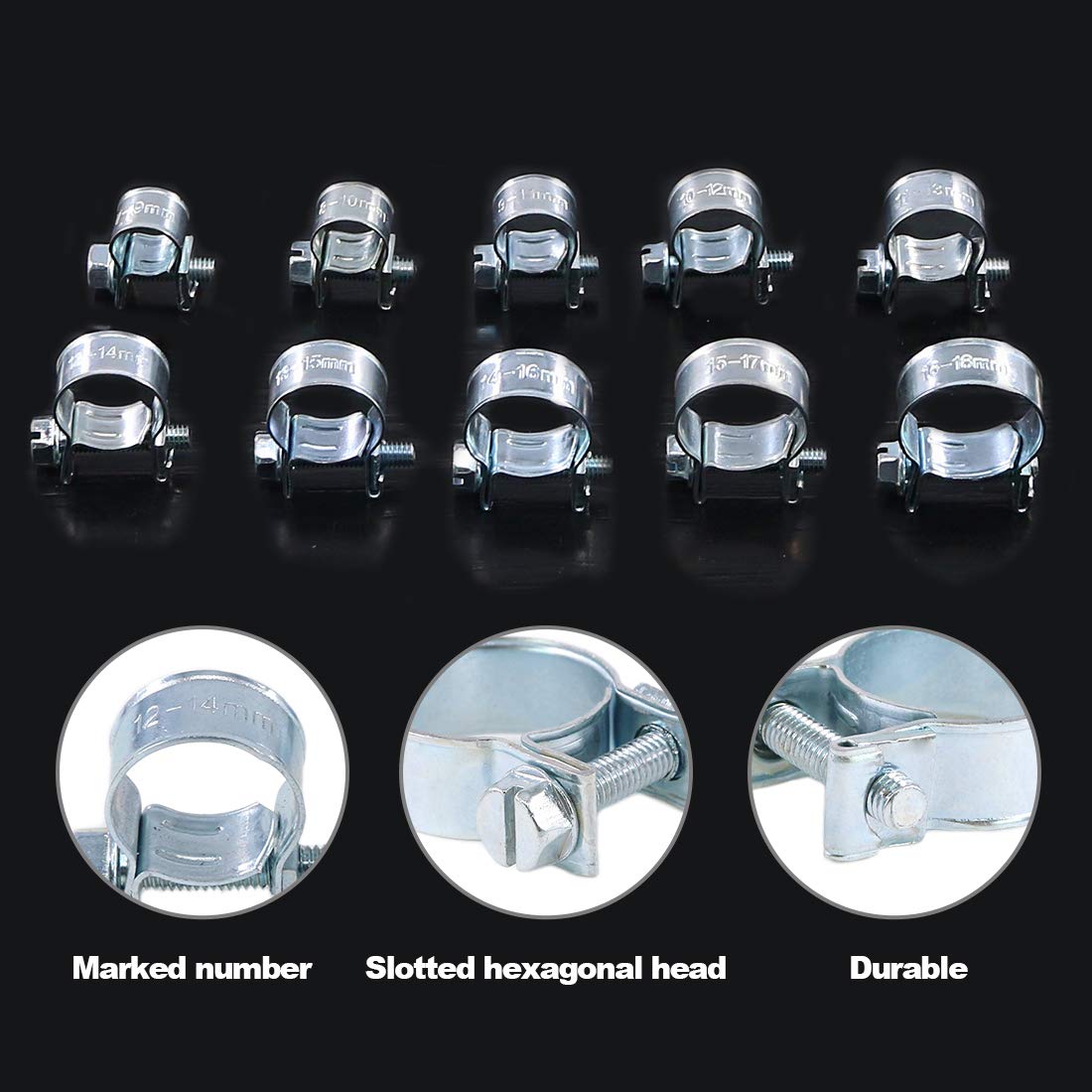 Swpeet 120Pcs 10 Sizes Zinc Plated Mini Fuel Injection Line Style Hose Clamp Assortment Kit Perfect For Automotive, Agriculture, Plant & Construction