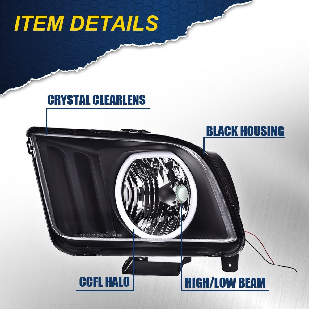 Cheda Led Drl Headlights Assembly Compatible With 2005-2009 Ford Mustang S197 Black Housing Headlight Replacement Head Lamps Pai