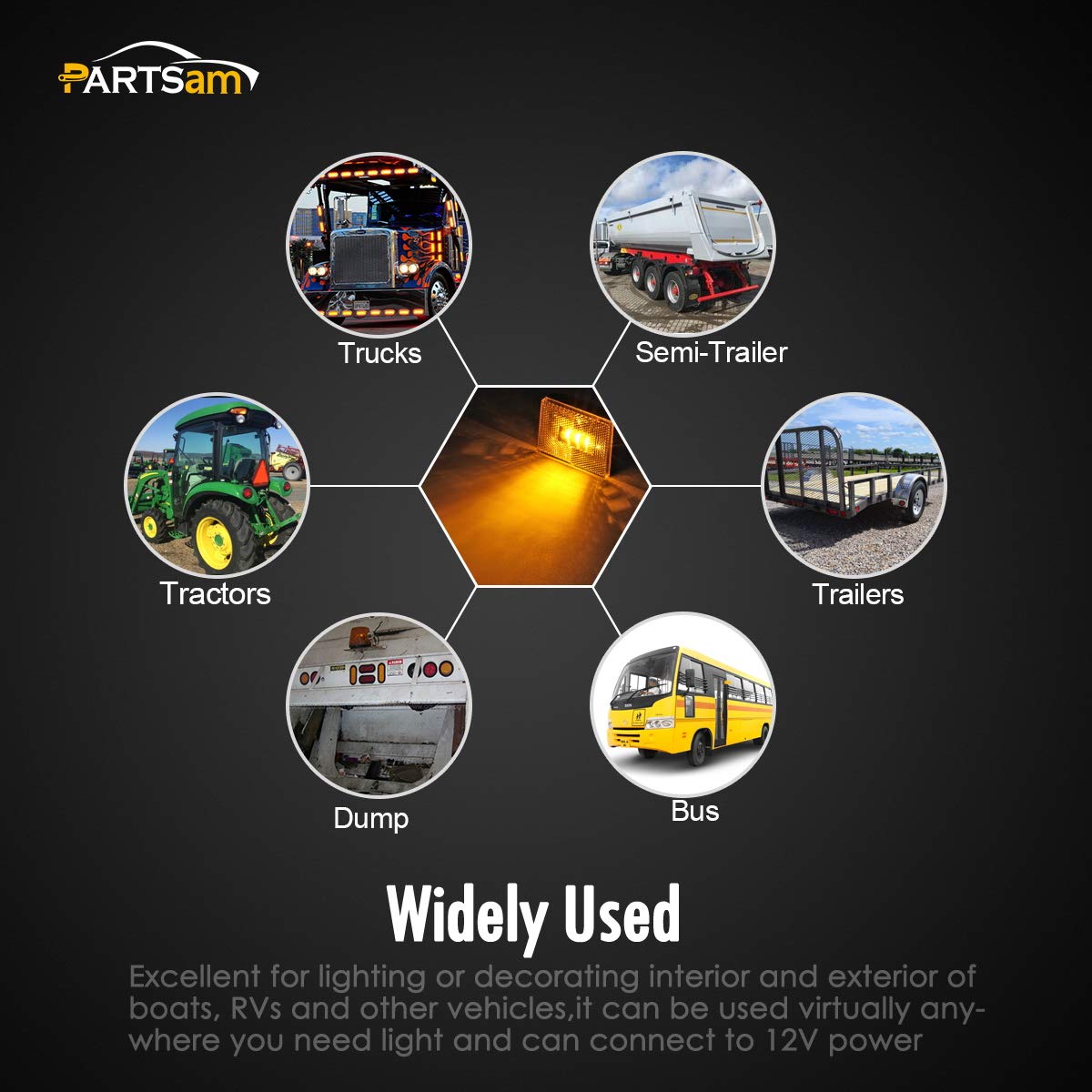 Partsam (2 Amber 3 Led Square Stud Mount Clearance Side Marker Lights Trailer Camper W Reflex, 12V Led Truck Trailer Reflective