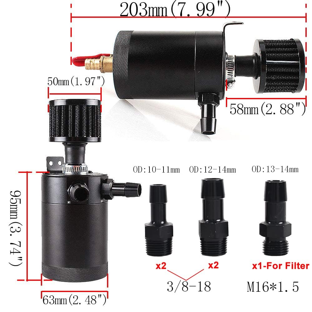 WENJTP 150ml Oil Catch Can Kit - Universal Aluminum Baffled Tank with 4 Adapters, 2 Ports, Breather Filter & Drain Valve, Black
