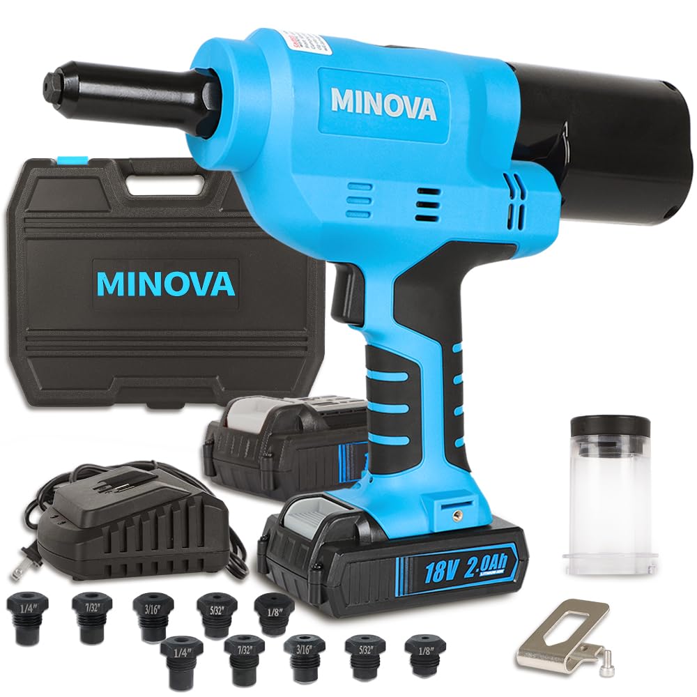 MINOVA 18V Brushless Rivet Gun KD-02X+ Battery Rivet Tool compatible with 1/4''(6.4mm) stainless steel rivets with Battery (2 pc