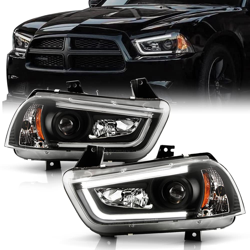 Acanii - For [Halogen Model] 2011-2014 Dodge Charger Led Drl Tube Black Housing Projector Headlights Headlamps Assembly