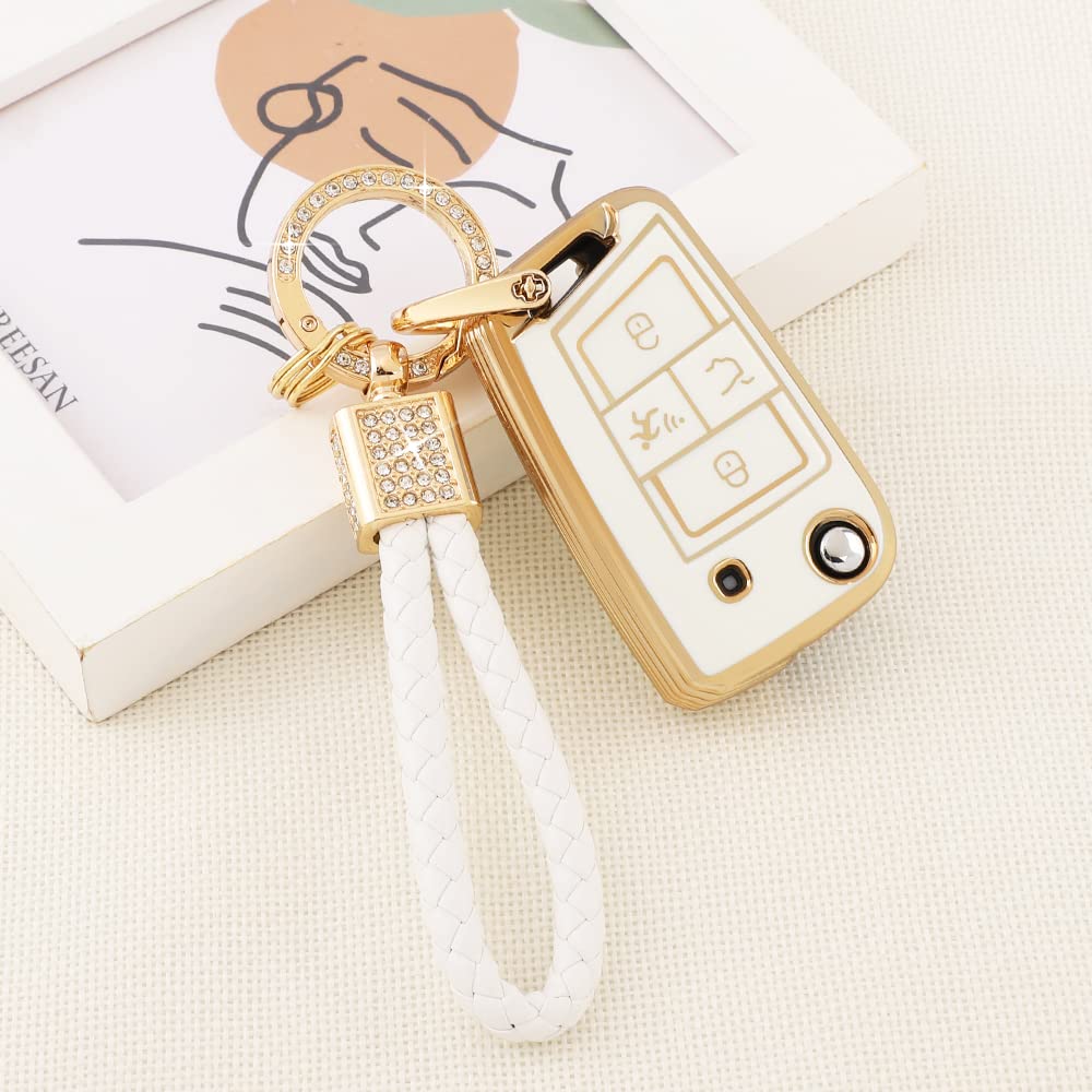 Pifoog For Volkswagen Key Fob Cover 4 Button Car Keys Case Shell Protector Bling Keychain Lanyard For Vw Tiguan Jetta Golf Altas
