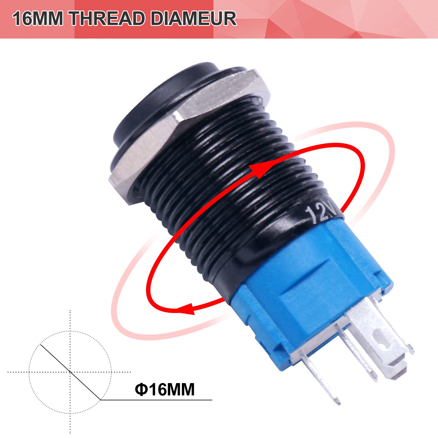 Twidec/16Mm Raised Speaker Horn Momentary Push Button Switch 5/8'' Mounting Hole 12V Red Led Light Black Stainless Steel Shell 1