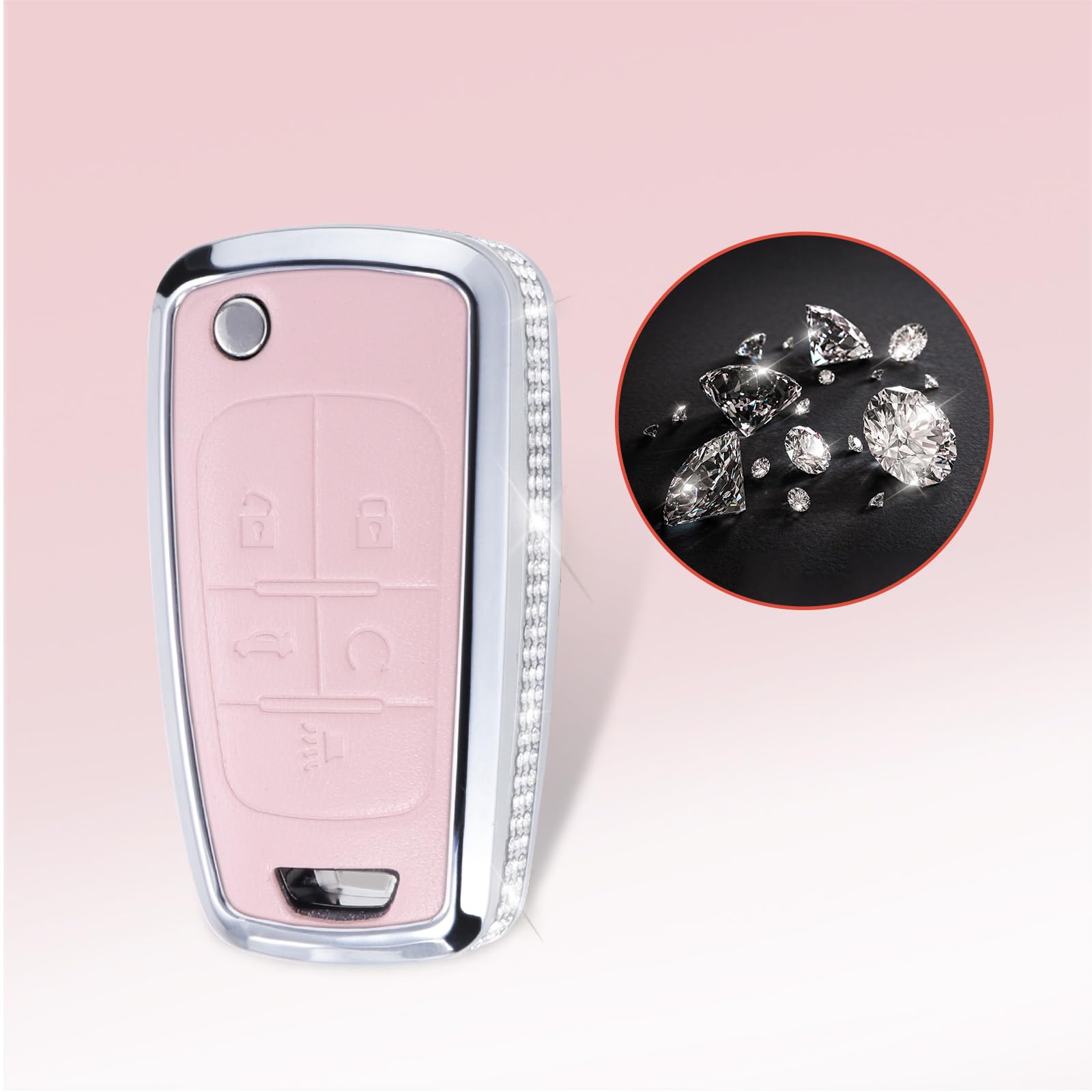 Ruabiban For Chevy Key Fob Cover With Keychain, Pink Leather Crystal Key Case Protection Shell Compatible With Chevrolet Equinox