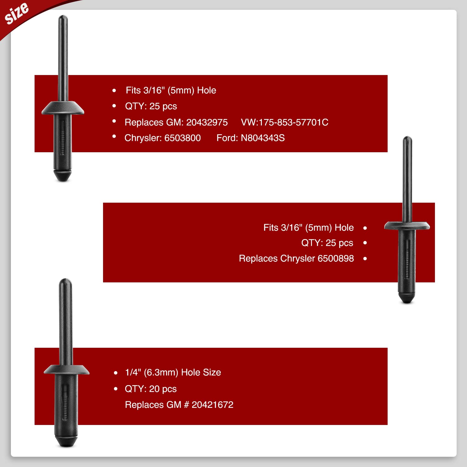 Nilight 115Pcs 6 Sizes Universal Pop Rivet Assortment Rivet Clip Black Nylon Blind Rivets Compatible With Gm Ford Chrysler Vw 2