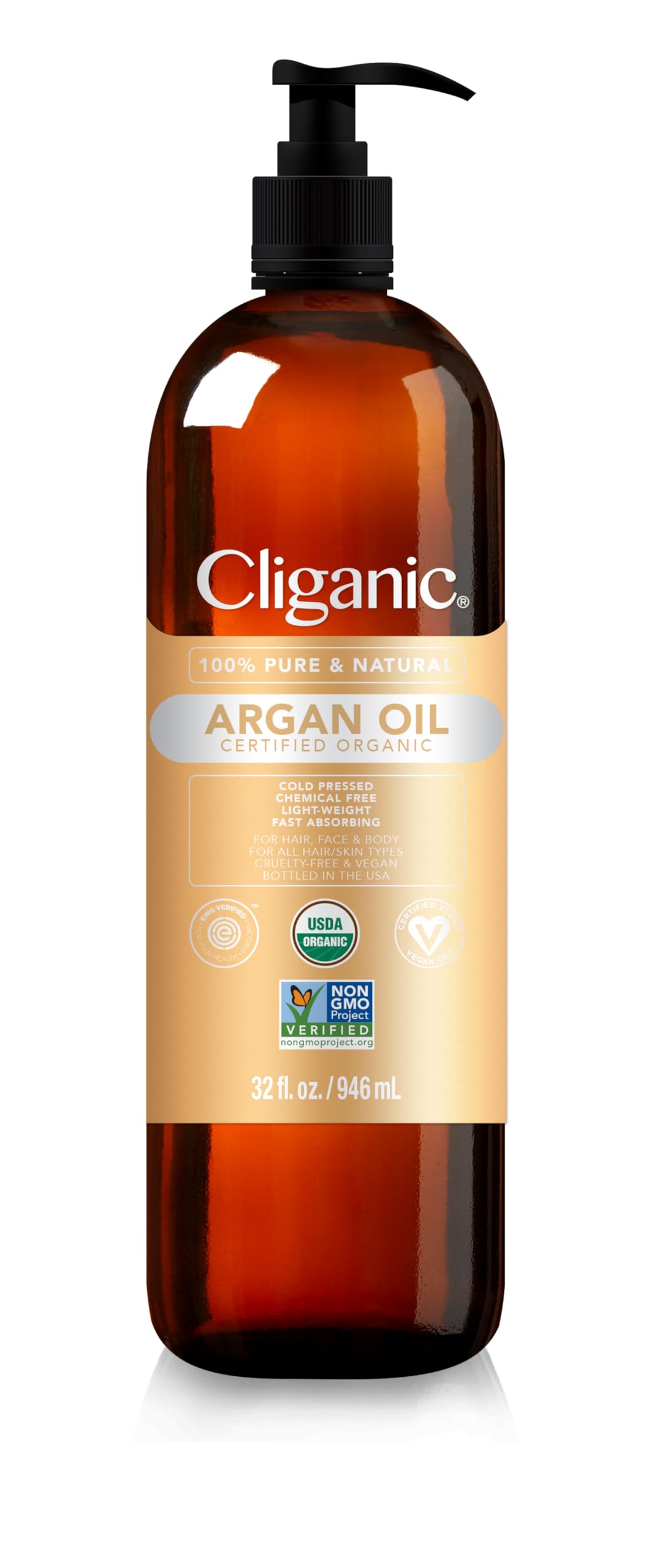 Cliganic Organic Argan Oil for Hair  Face & Skin (Bulk  32oz with Pump) - 100% Pure  Cold Pressed-New