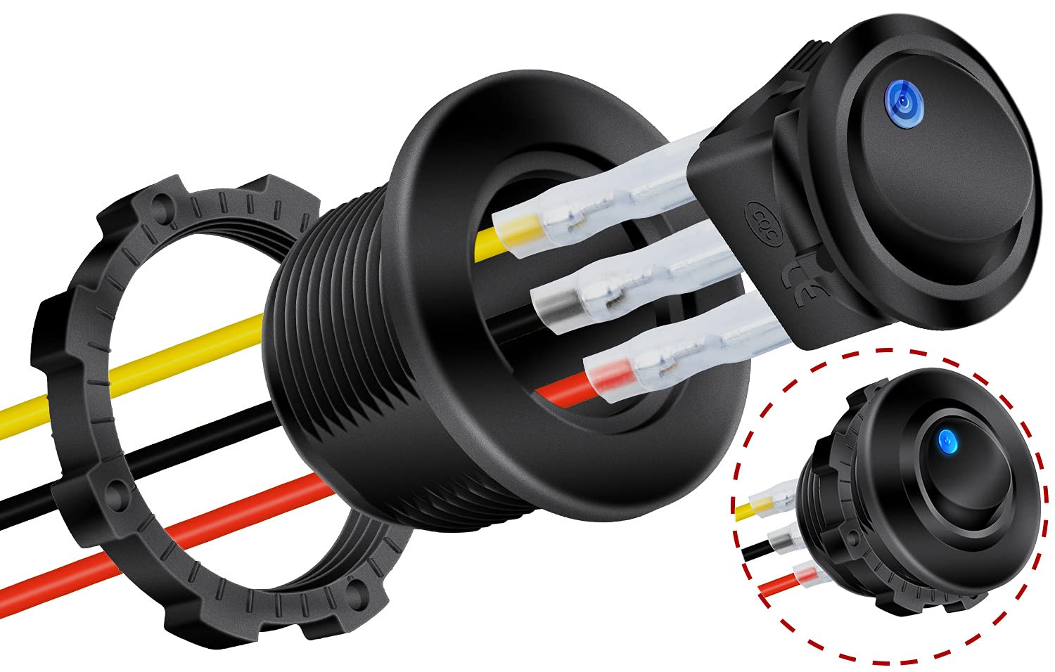 Daiertek Round Rocker Switch Shell 12V Lighted 3 Pin With Blue Led 12 Volt Dc Rocker Toggle Switch For Automotive Car Truck On Off 20A Spst