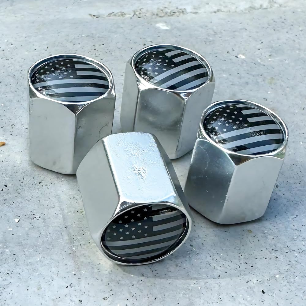 Tactilian American Flag Chrome Valve Stem Caps 4 Pack | Leakproof Aluminum Tire Valve Caps With Rubber O-Ring, Universal Fit For