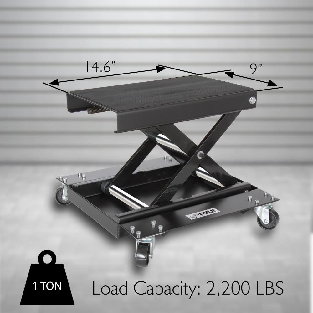 Pyle Motorcycle Scissor Jack Lift W/ Dolly - Portable Ez Bike Rack, Front Rear Center Tire Wheel Engine Stand W/ Wheels-Low Prof