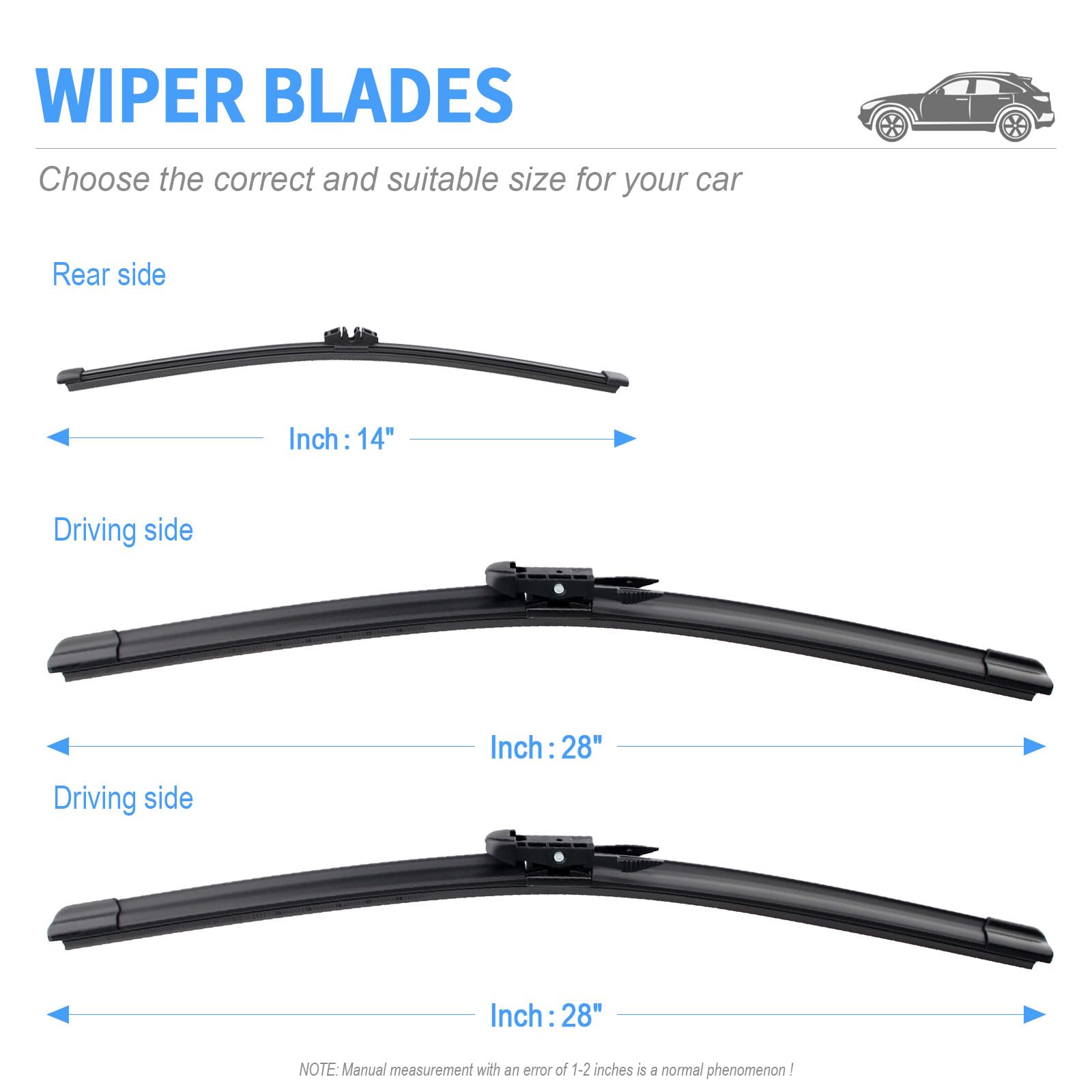 Gavimnal 28''+28''+14'' Silicone Wiper Blades Replacement For Ford Edge 2015-2023,All-Season Front Rear Windshield Wiper Blades(
