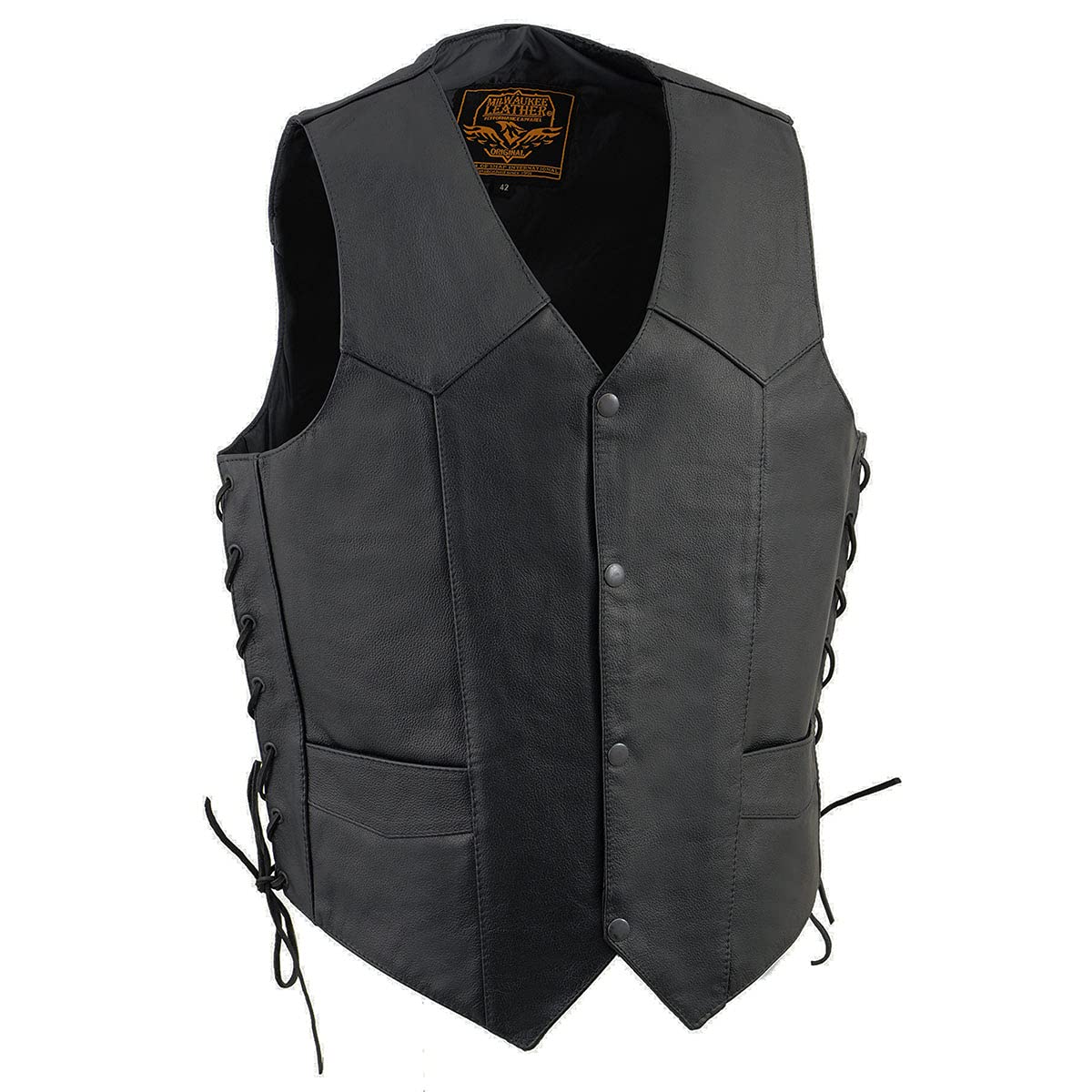 Milwaukee Leather SH1315 Men's Black Leather Classic V-Neck Side Lace Motorcycle Rider Vest w/Front Snap Closure - 56
