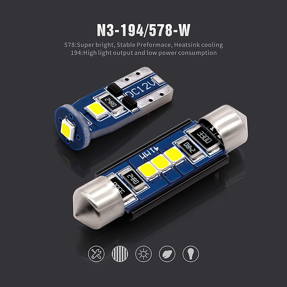 Sir Ius Led N3 578 211-2 212-2 41Mm And 194 168 2825 Combo Led Bulbs White Super Bright 300 Lumens For The Usa Car Truck Interiors Map License Plate Lights Pack Of 10