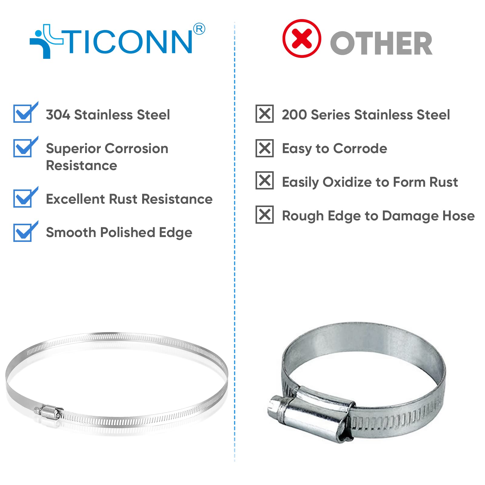 Ticonn 6Pcs Hose Clamp Set - 8'' 304 Stainless Steel Worm Gear Hose Clamps For Pipe, Intercooler, Plumbing, Tube And Fuel Line