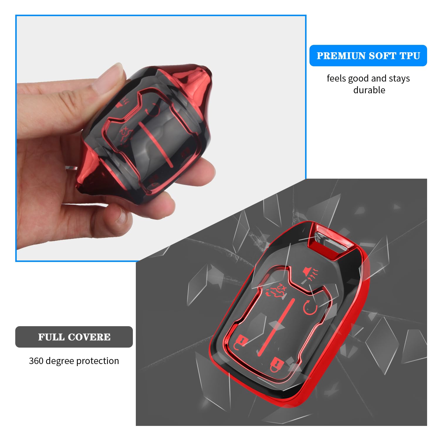 QBUC for GMC Key Fob Cover with Keychain,5 Button Soft TPU GMC Key Fob Cover,Fit for GMC Acadia Sierra Terrain and Chevy (red, 5