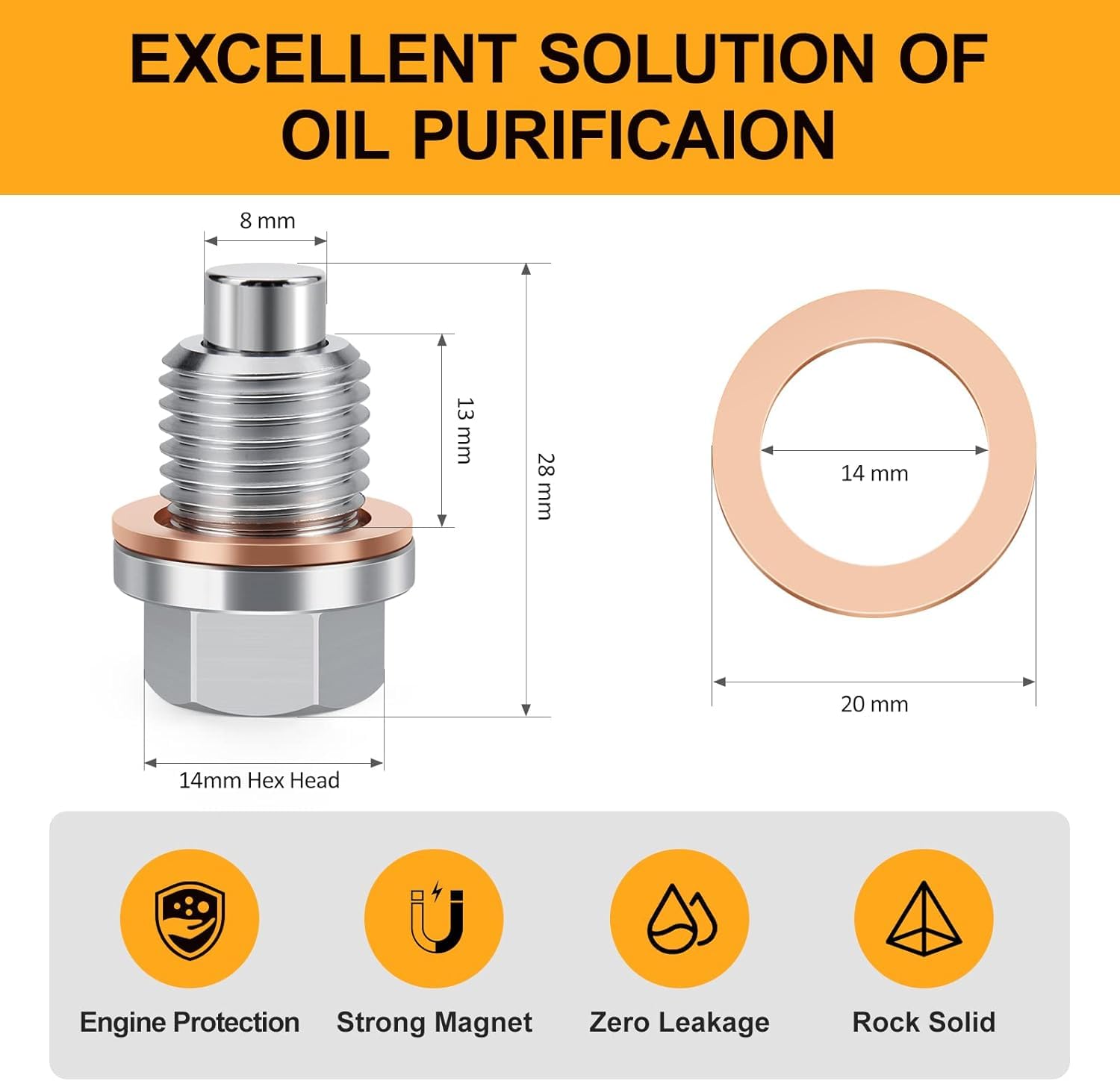 M12 X 1.25 Magnetic Oil Drain Plug With Copper Gasket Crush Washer Anti Leakage Seal Automotive Replacement Engine Oil Drain Plu