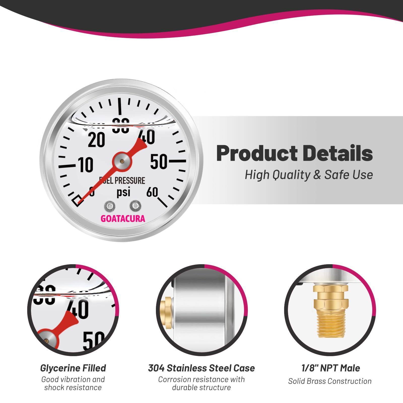 Goatacura 0-60Psi Glycerin Filled Fuel Pressure Gauge, 1-1/2'' Dial Size, 304 Stainless Steel Case, 1/8'' Npt Center Back Mount,