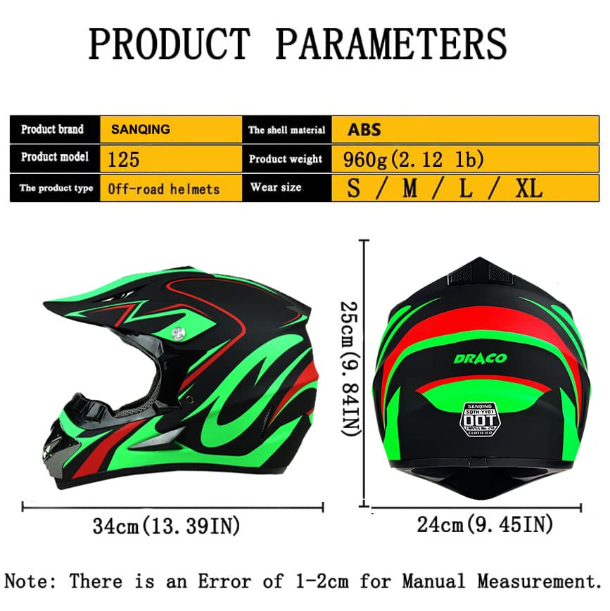 Sanqing Motocross Helmet Fashion Youth Adult Dirt Bike Helmet Unisex-Adult Dirt Bike Off-Road Mountain Bike Motorcycle Helmet Dot Approved (Gloves Goggles Face Shield) 4Pcs Set (Large, Blackgreen)