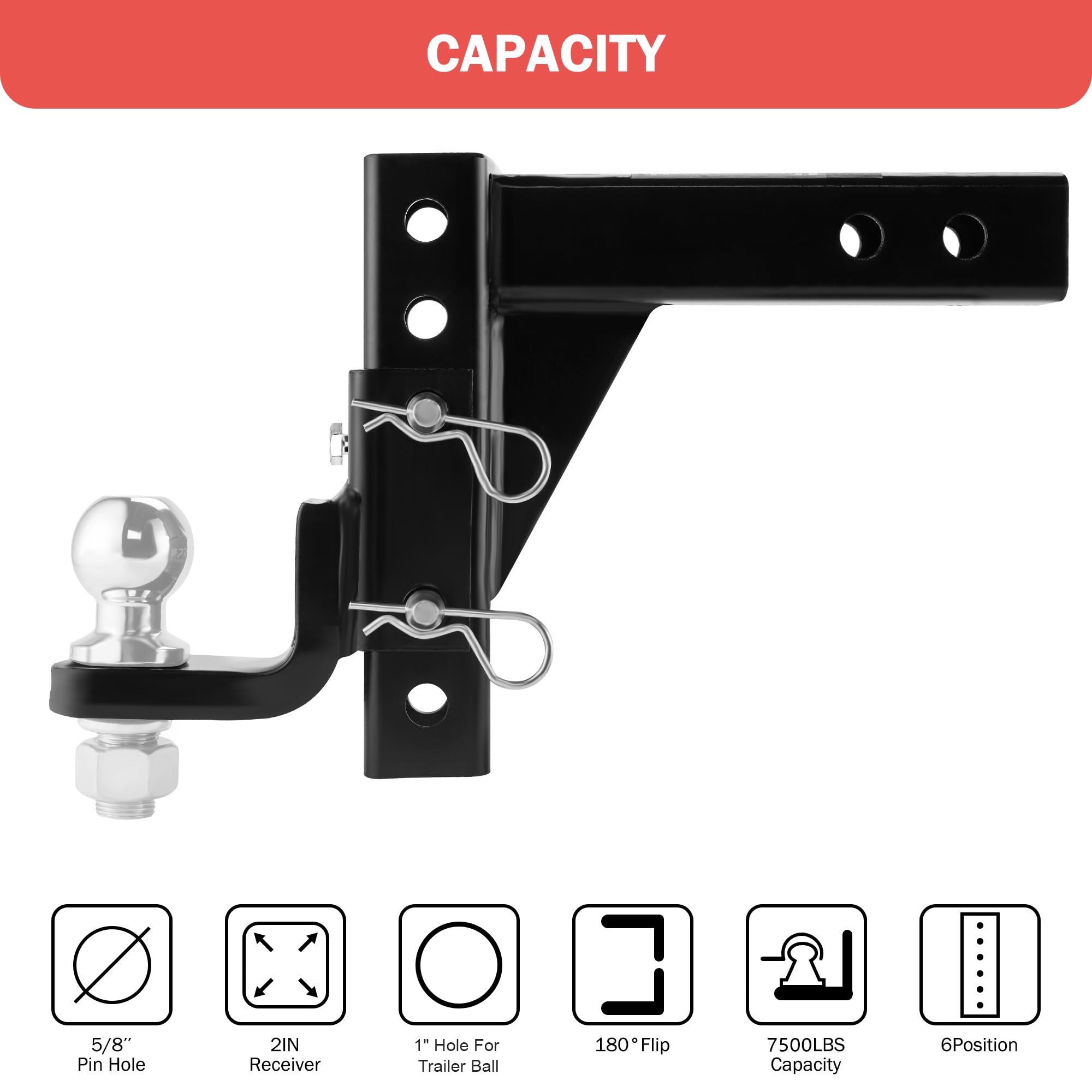 Openroad Adjustable Trailer Hitch Ball Mount, Fits 2-Inch Receiver, 1-Inch Hole, 7500Lbs, 9-1/2'' Drop/ 8-1/4'' Rise Drop Hitch,