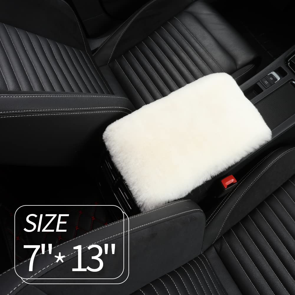 Iriwool Sheepskin Armrest Cover Auto Center Armrest Cover Car Soft Console Pad, Fluffy Wool Auto Center Console Cover For Most Car Arm Rest Decoration Protector 7 X 13 Inch (Shearling, Ivory White)