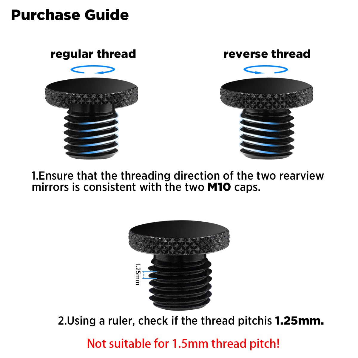 Evermotor M10 X 1.25 Motorcycle Mirror Hole Plugs Cnc 10Mm Aluminum Screws Accessories For Honda,Kawasaki,Ducati,Ktm,Yamaha Black 2 Pieces (Right Thread + Left Thread)