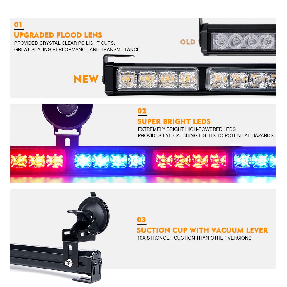 Xprite 31.5 Inch Led Traffic Advisor Strobe Light Bar, 21 Flashing Patterns W/Suction Cup, Interior Windshield Deck Emergency Warning Light Bar For Police Volunteer Vehicles Trucks - Red Blue
