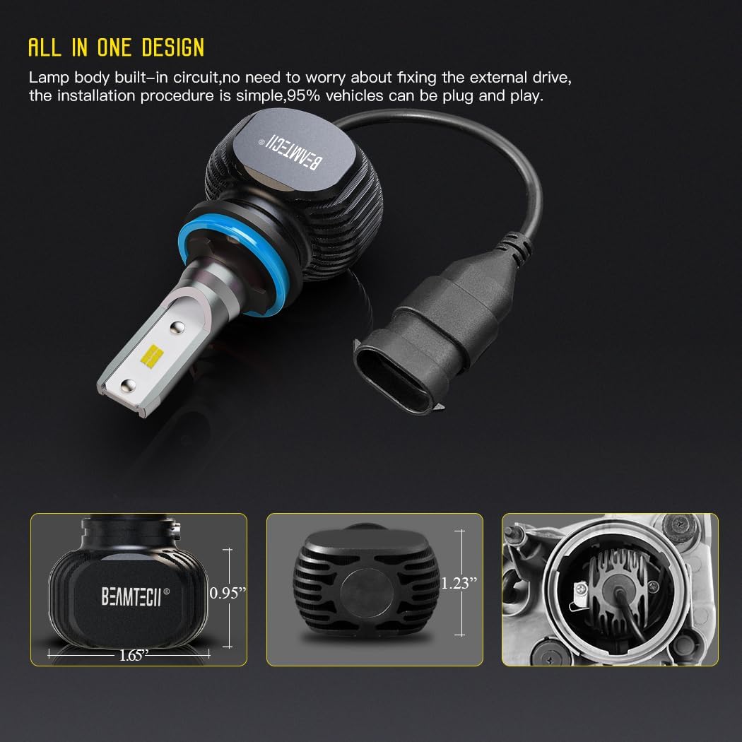 Beamtech H11 Bulbs, S1 Series H8 H9 Fanlsess 300% Brighter 6500K White Fog Light, 2 Bulbs