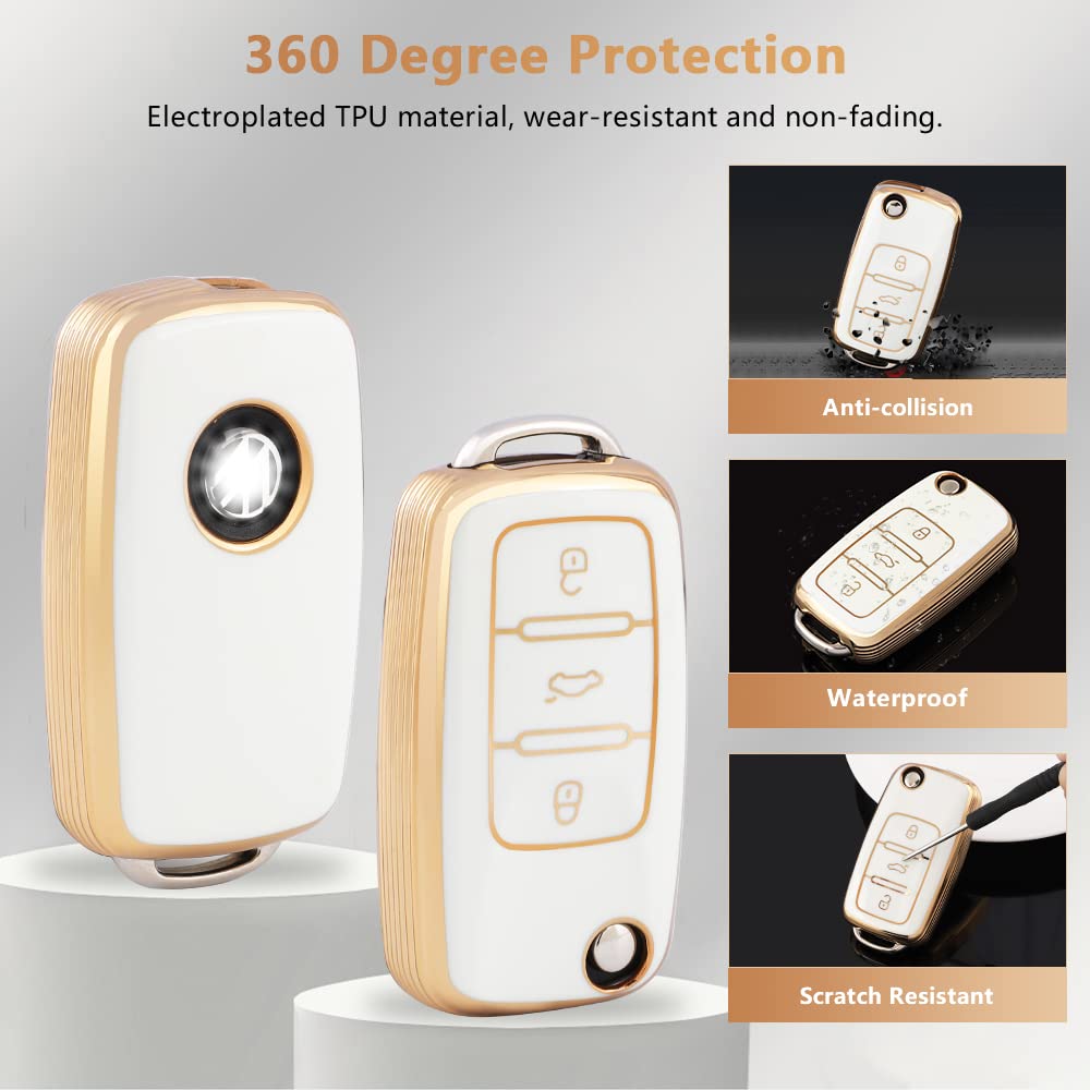 Pifoog Key Fob Cover For Volkswagen Vw 3 Button White Gold Tpu Soft Car Keys Shell Case Glitter Keychain Protector For Vw Beetle