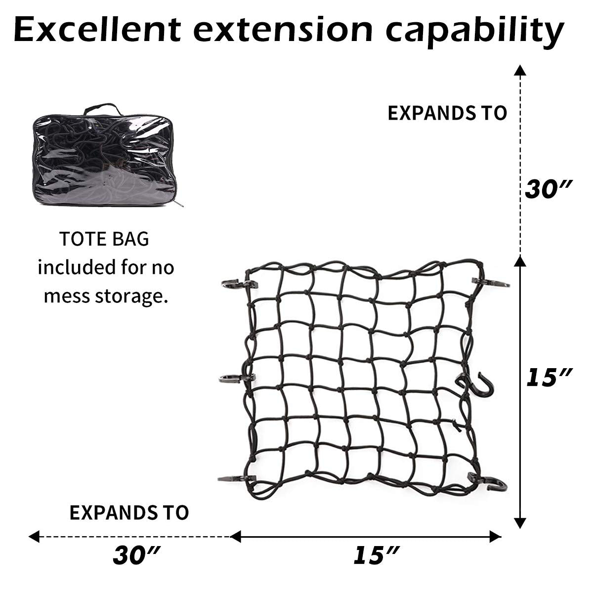 Jchl 15''X15'' Motorcycle Cargo Net Stretches To 30''X30'' With 6 Hooks 2''X2'' Mesh For Motorcycle Motorbike Bikes