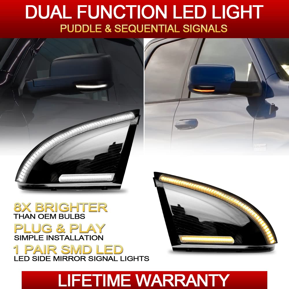 Jinfili A Pair Rearview Mirror Led Turn Signal Lights Assembly Side Marker Puddle Lamp Compatible With Dodge Ram 1500 2500 2010-