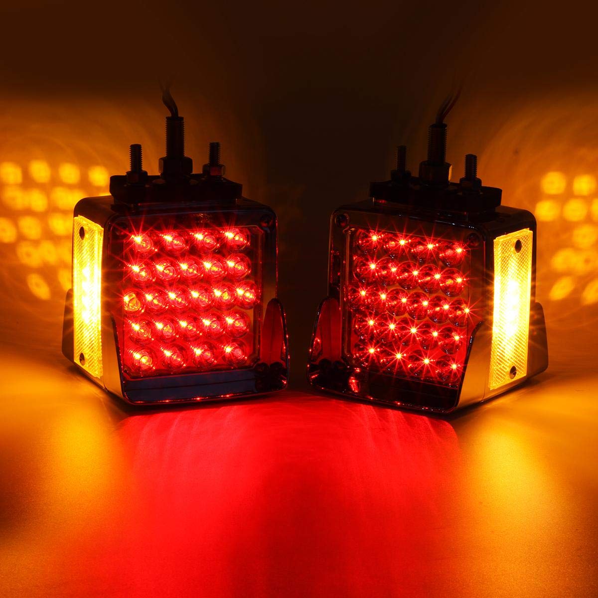 Partsam Double Face Square Led Fender Pedestal Lights Amber/Red 52 Led 3 Studs Mount Truck Trailer Stop Tail Turn Signal Lights