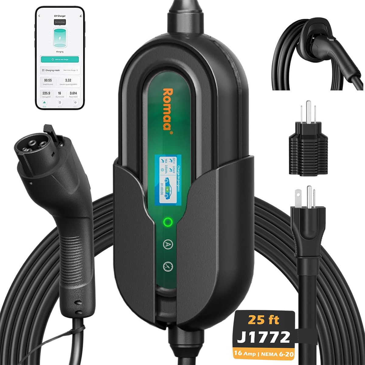 Level 1 and Level 2 Portable EV Charger J1772 16 Amp Charging Cable - Dual Voltage 120V 240V Home EV Charging Station, 3.8 kW, A