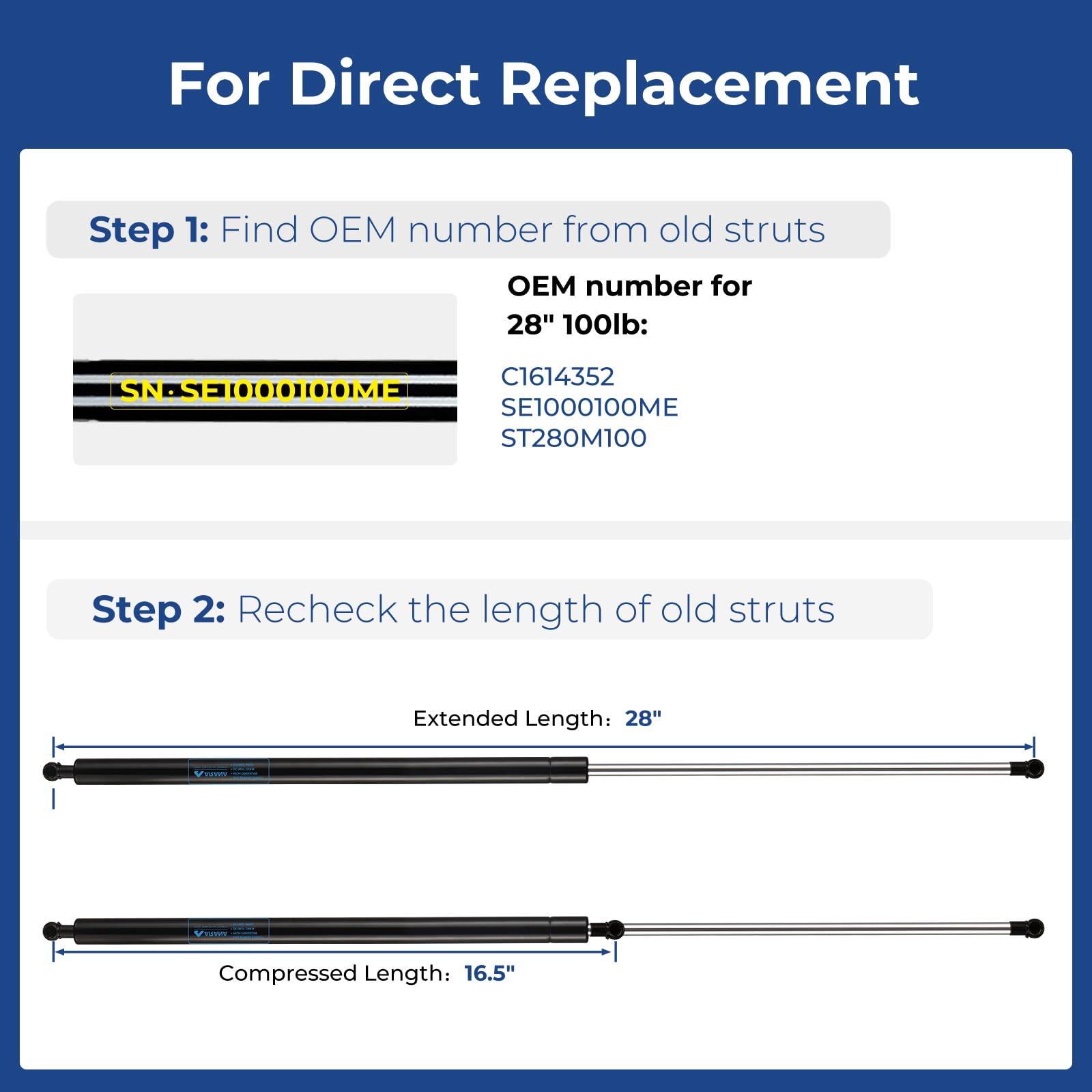 Arana C16-14352 28In Lift Support 100 Pound Gas Shock Springs, Spd-3100-100 28'' 100Lb/445N Gas Struts Prop For Heavy Duty Lid C