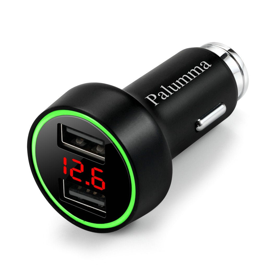 PALUMMA 24W/4.8A Dual USB Car Charger, 12V to USB Outlet with Cigarette Lighter Voltage Meter LED/LCD Display Battery Low Voltag