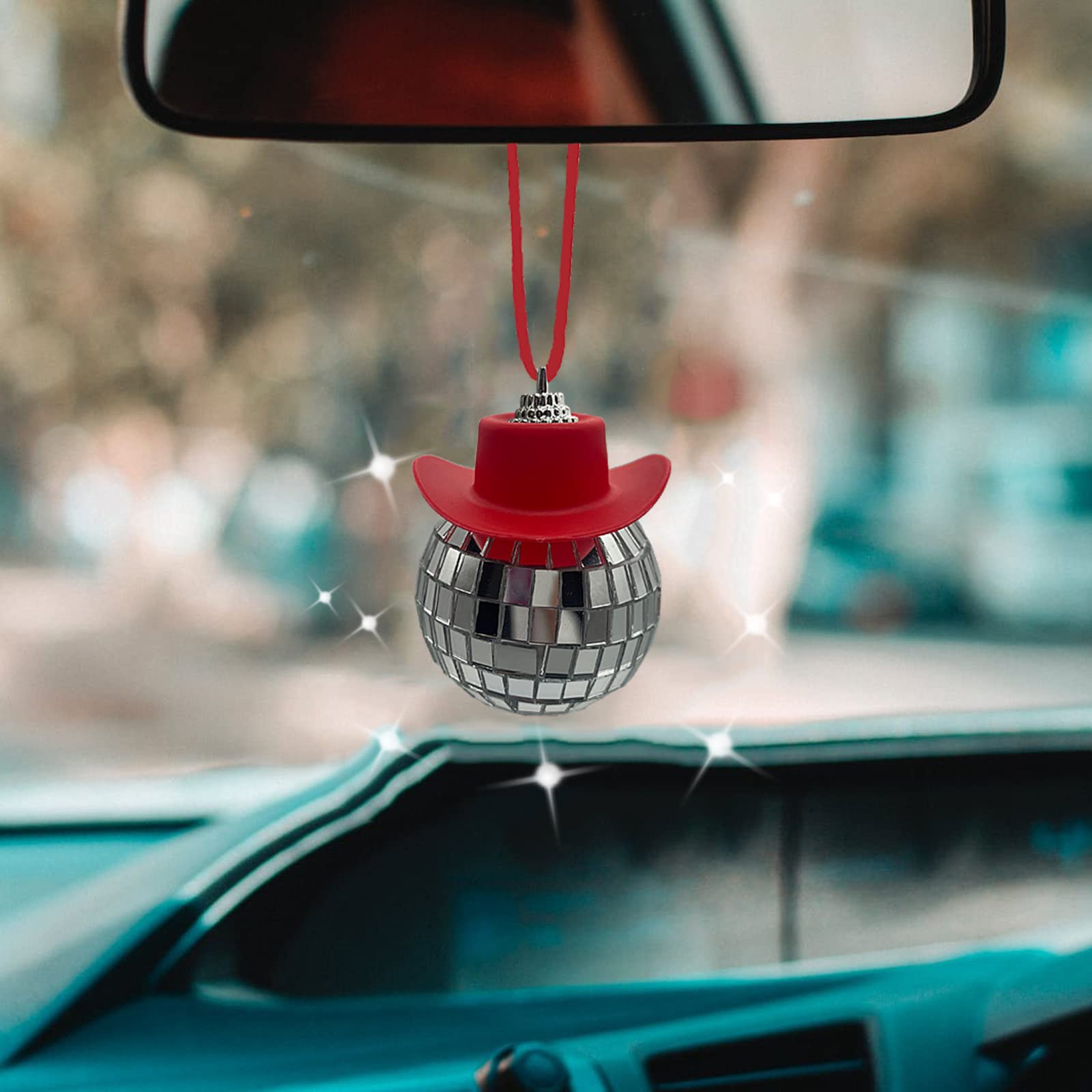 Spansee Red Disco Ball Car Accessory, Disco Ball Car Mirror Ornament, Cowboy Hat Disco Ball Car Charm, Disco Ball With Cowboy Hat, Car Disco Ball, Disco Ball For Car, Car Accessories For Women