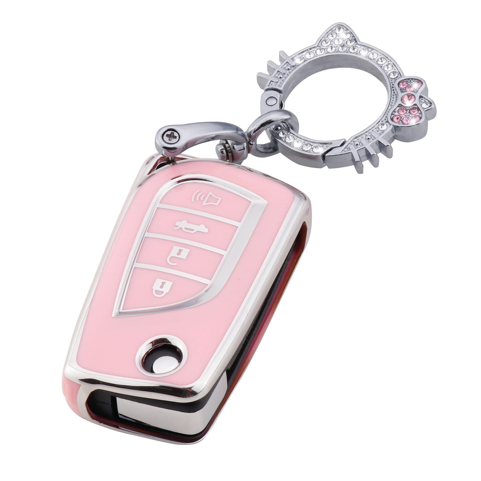 Pangpai Pink Key Fob Cover for Toyota, Soft TPU Key Case Protection with Bling Keychain Fit for Toyota Fortuner Tundra Camry RAV