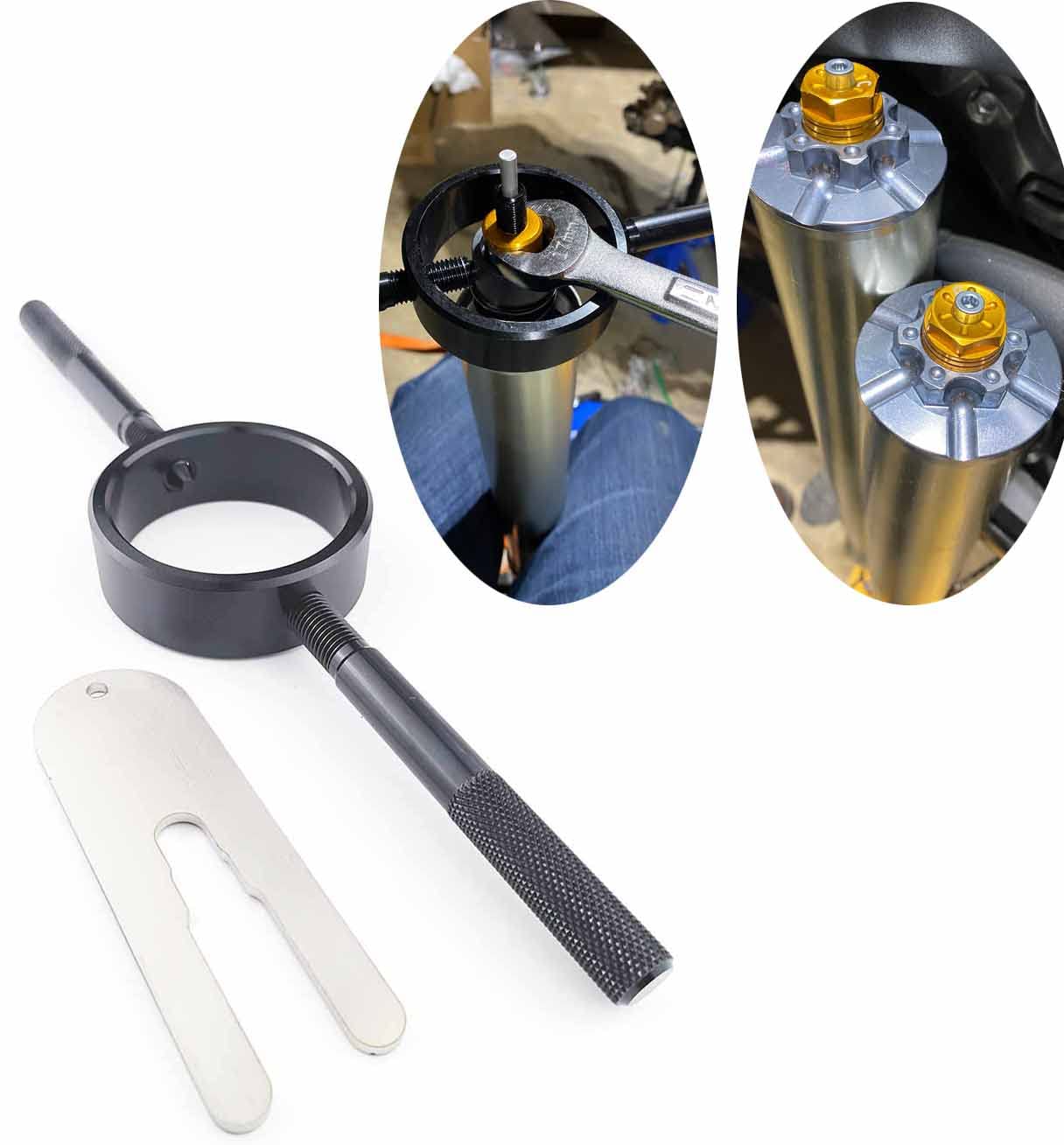 UNIVERSAL MOTORCYCLE FORK SPRING COMPRESSOR TOOL KIT WORKS WITH MOST UPSIDE DOWN SREETBIKE FORKS MADE FROM AIRCRAFT GRADE 6061 A