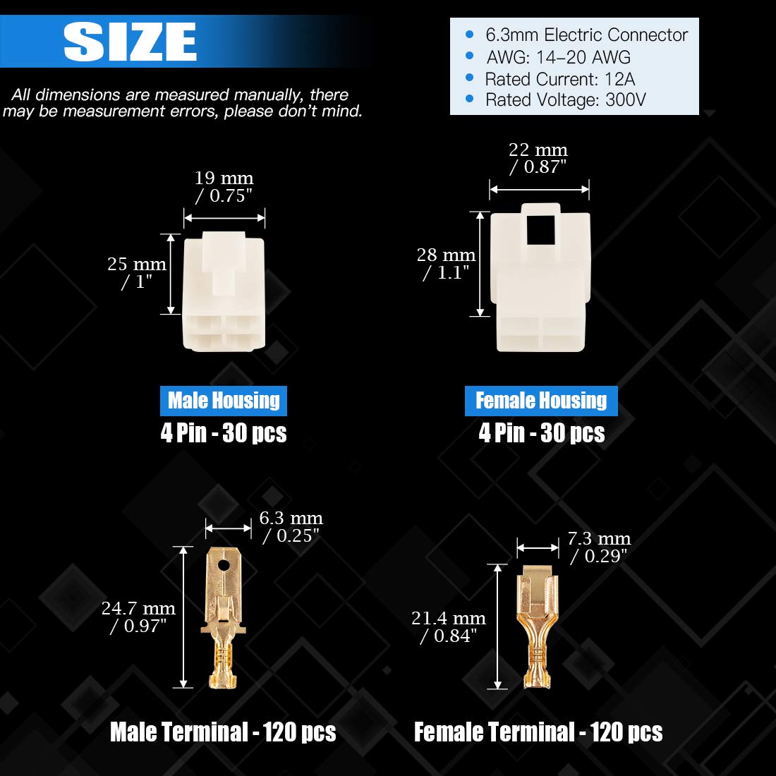 Glarks 300Pcs 6.3Mm 4 Pin Way Electrical Automotive Wire Connector Male Female Socket Plug And Terminals Kit For Motorcycle, Bik